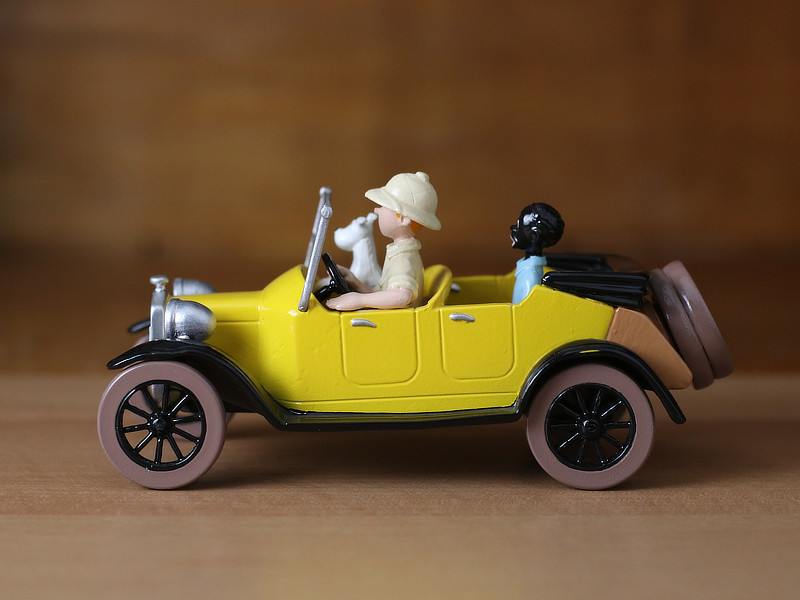 Tintin, Milou et Coco dans la voiture