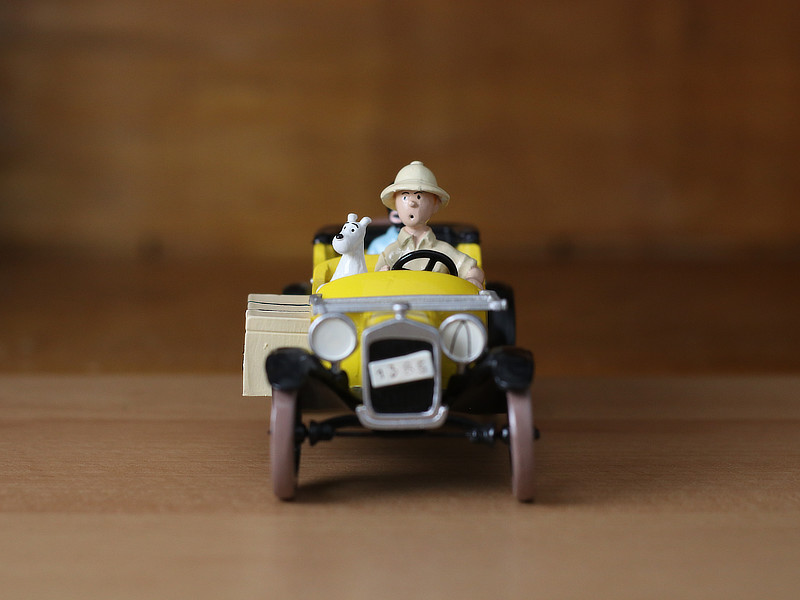 Tintin, Milou et Coco dans la voiture